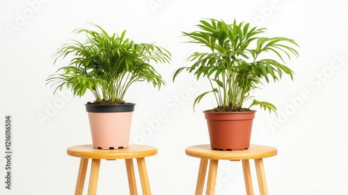 Indoor Plants in Pots Displayed on Wooden Stools Generative AI