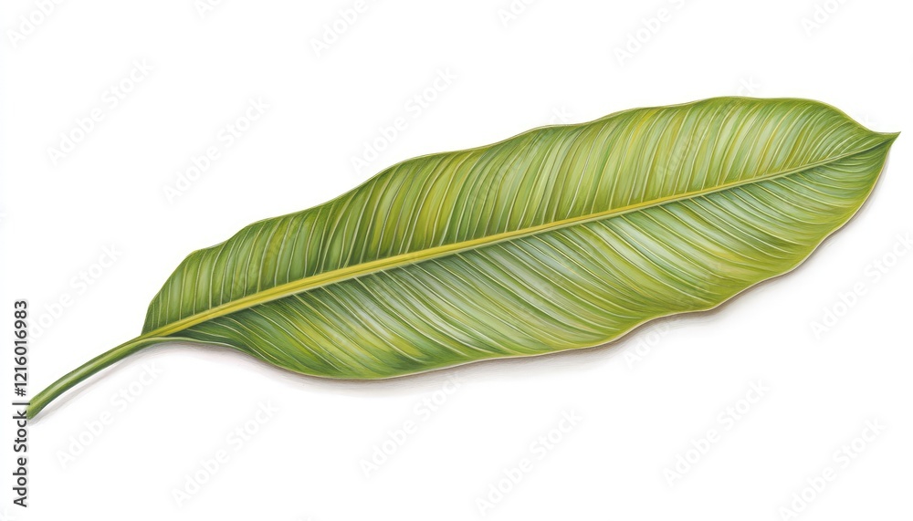 Obraz premium Striking Green Heliconia Rostrata Leaf Botanical Illustration on White Background