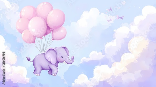 Elephant flying with pink balloons in a dreamy sky with clouds and butterflies illustration