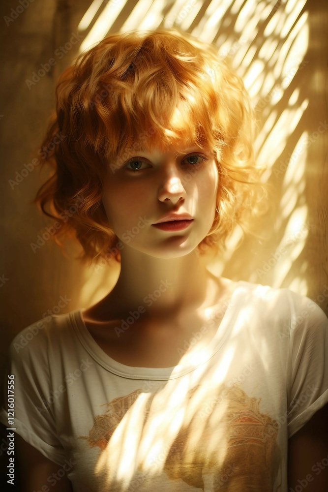 A hyper realistic woman with short red hair, eyes golden. Sun rays shinning through a window of the room A hyper realistic woman with short red hair, eyes golden. Sun rays shinning through a window of the room
