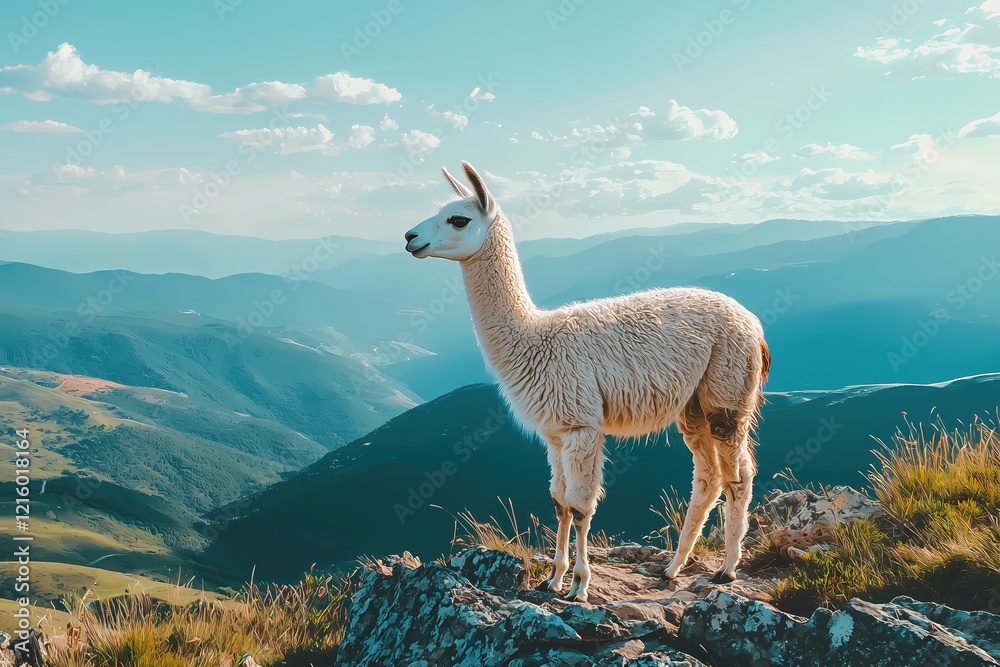 Naklejka premium Llama standing on rocky peak against a vast mountain range under a bright sky with clouds