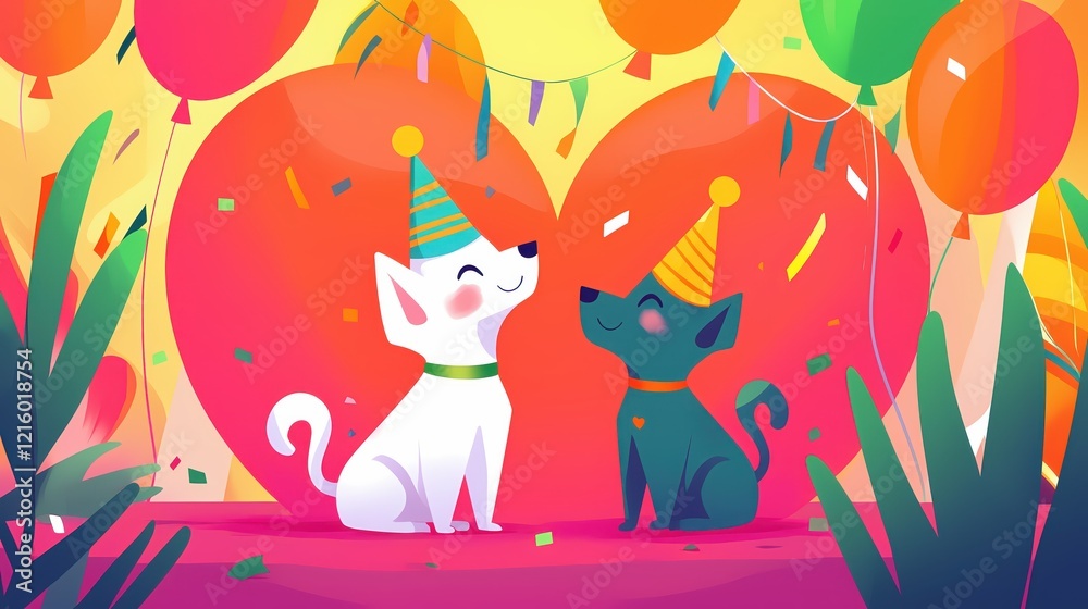 Naklejka premium Two cartoon dogs wearing party hats celebrating with balloons and confetti in a bright setting