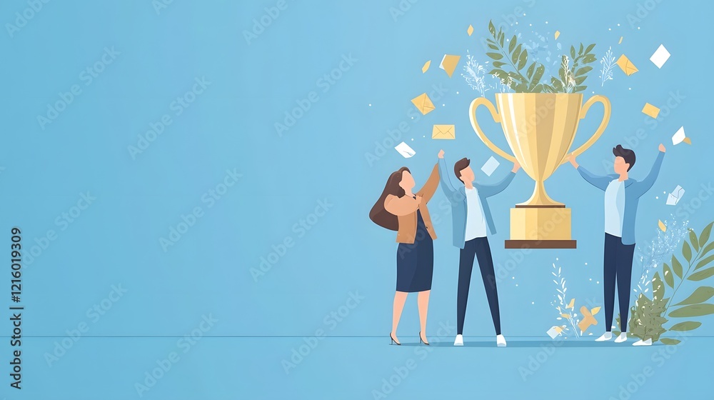 Obraz premium Successful Business Professionals Lifting a Trophy Together Celebrating Their Collective Effort and Achievements Reaching an Important Milestone or Goal as a Team