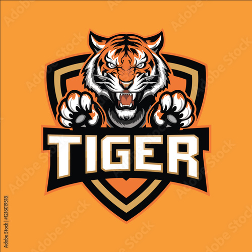 A tiger logo with a fierce look on its face. The tiger is shown in a bold orange and black color scheme