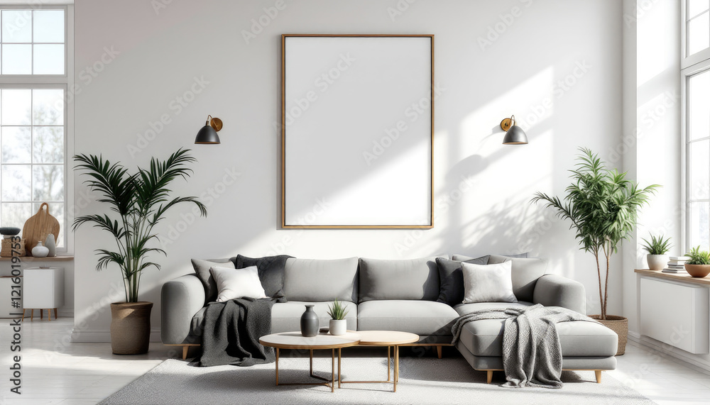 a gray sectional sofa with a gray blanket draped over the armrest, a coffee table, and two potted plants. Cozy modern living room with photo frame design a gray sectional sofa with a gray blanket draped over the armrest, a coffee table, and two potted plants. Cozy modern living room with photo frame design