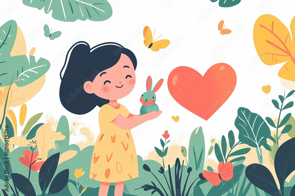 Girl holding rabbit in a garden with heart and butterflies in a colorful illustration style Girl holding rabbit in a garden with heart and butterflies in a colorful illustration style