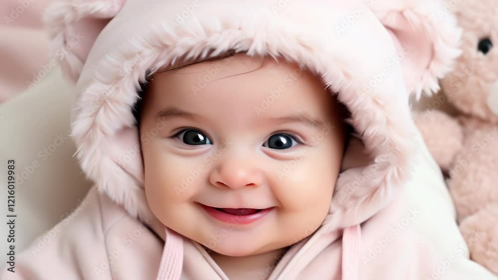 Cute baby smiles happily while wearing a pink bear hoodie with soft stuffed animals nearby Cute baby smiles happily while wearing a pink bear hoodie with soft stuffed animals nearby