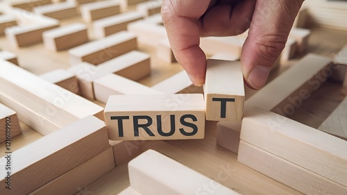 Trust concept image showing a wooden block with 'TRUST,' symbolizing building relationships, reliability, teamwork, and integrity in life.