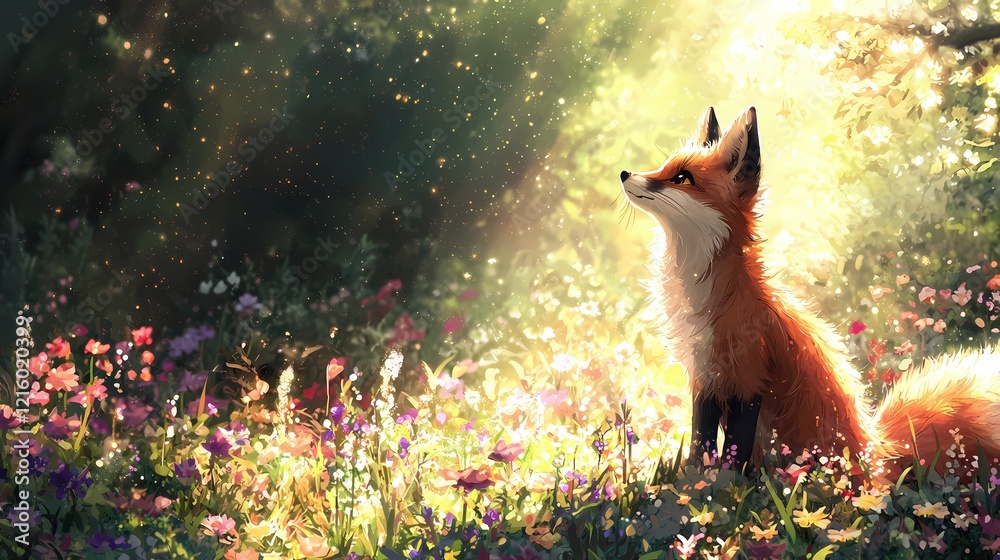Fototapeta premium Fox in a sunlit meadow with flowers and bokeh effect shining through the trees in the background