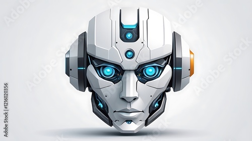A robot head icon in a futuristic 3D design, on a white background.
