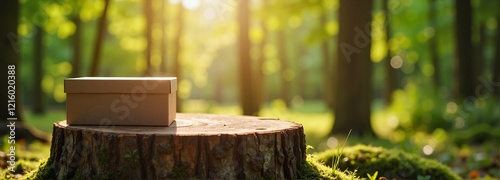 Pet funeral box on wooden stump in forest photo