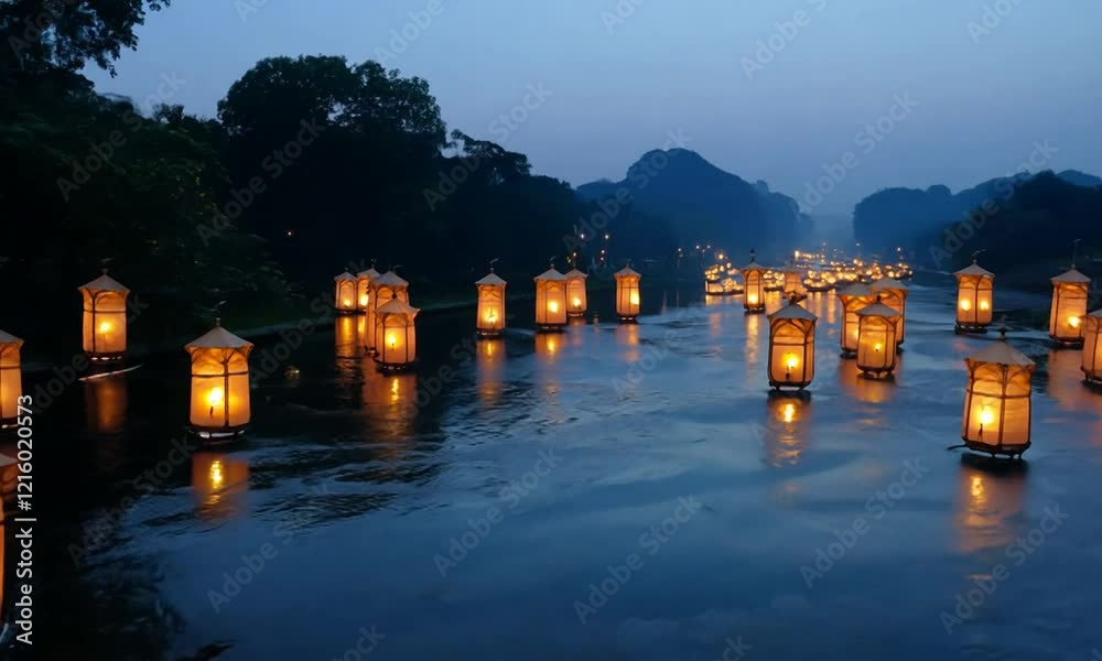 Serene evening scene of illuminated lanterns floating on a calm river surrounded by lush greenery