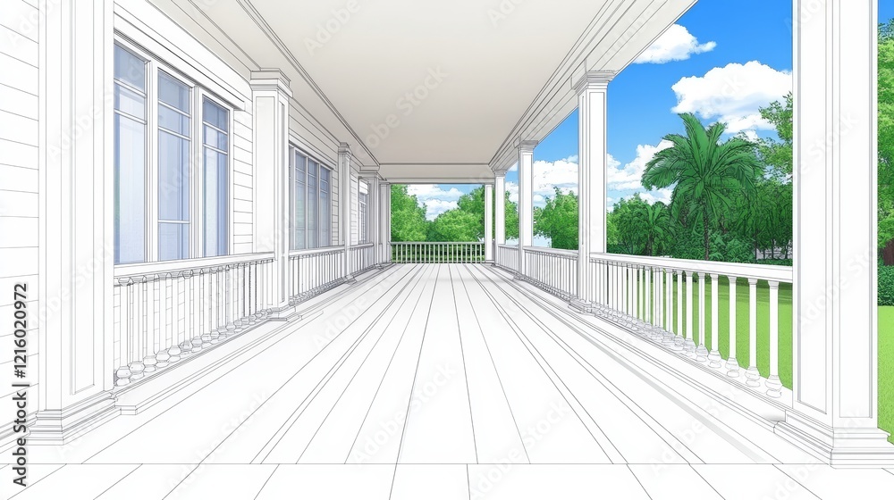 Fototapeta premium Wireframe Design of Spacious Porch with Lush Tropical Views