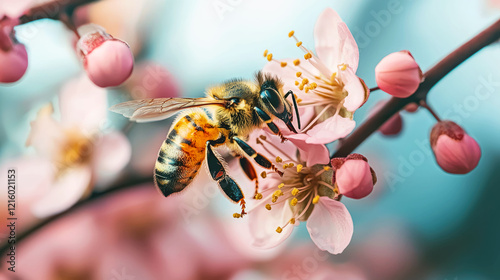 Bee on Pink Blossom: A Stunning Macro Photograph of Nature's Beauty photo