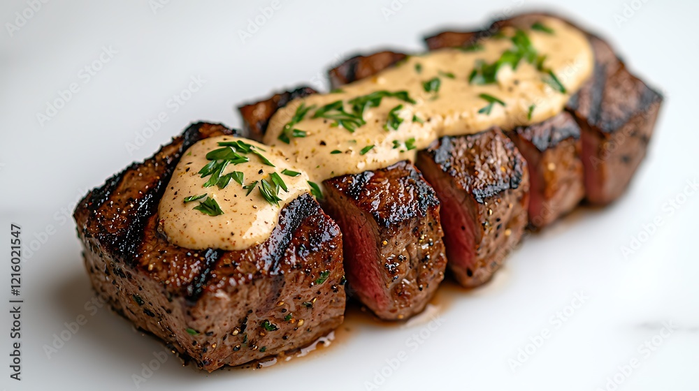 Grilled steak with creamy sauce, marble background, restaurant meal Grilled steak with creamy sauce, marble background, restaurant meal