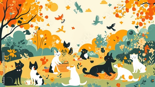 Wallpaper Mural Autumn picnic with cats and dogs in a stylized landscape with trees birds and foliage Torontodigital.ca