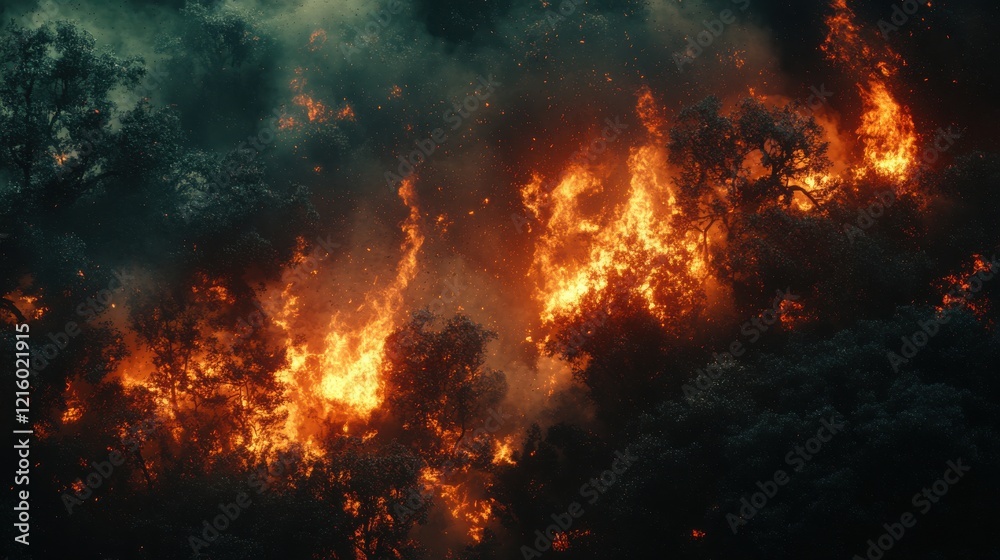 A dramatic scene of wildfire consuming trees, with bright flames and smoke contrasting against a darkened sky. A dramatic scene of wildfire consuming trees, with bright flames and smoke contrasting against a darkened sky.