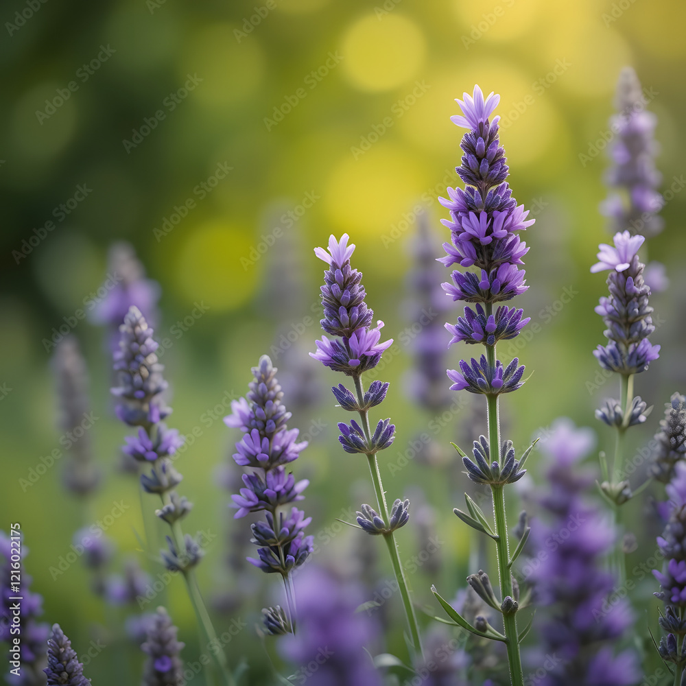 Naklejka premium Blooming lavender flowers in a field with a peaceful, tranquil background of green and yellow bokeh, eliciting the beauty of nature 