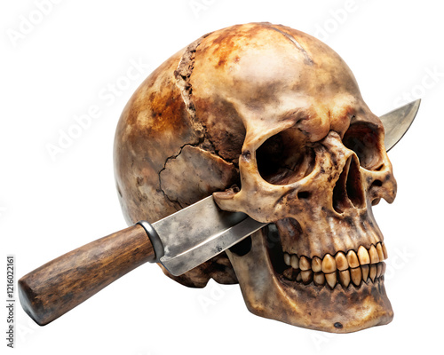 Skull Stabbed with vintage knife isolated on white background as transparent. PNG. AI GENERATED. photo