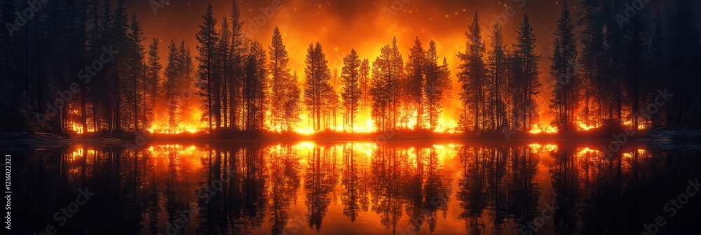 Naklejka premium A dramatic scene of a forest fire, with flames reflected in a nearby body of water, casting an eerie glow against the darkening sky.