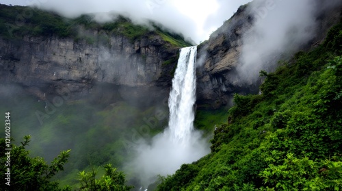 Majestic Waterfall Cascading Down Misty Mountainside