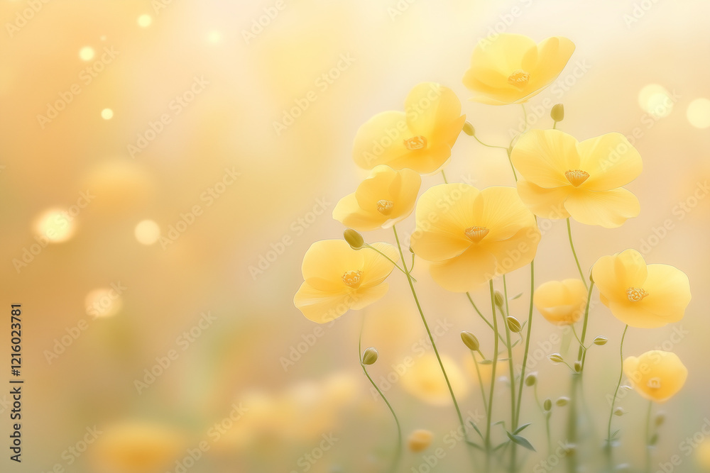Fototapeta premium 柔らかな陽光に包まれた菜の花が可憐に咲く、癒しと温もりを感じる春の風景