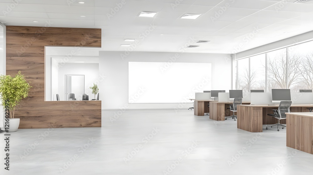 Fototapeta premium Sleek and Sophisticated Corporate Office Space with Ergonomic Workstations Arranged in a Professional and Inviting Layout with Blank Walls and Natural Lighting