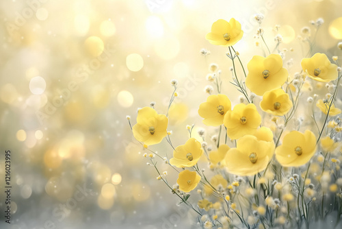 柔らかな陽光に包まれた菜の花が可憐に咲く、癒しと温もりを感じる春の風景