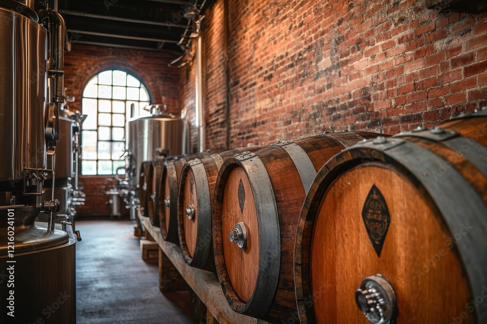 Exploring old oak barrels in a historic brewery industrial setting interior view artisan craftsmanship rich heritage Exploring old oak barrels in a historic brewery industrial setting interior view artisan craftsmanship rich heritage
