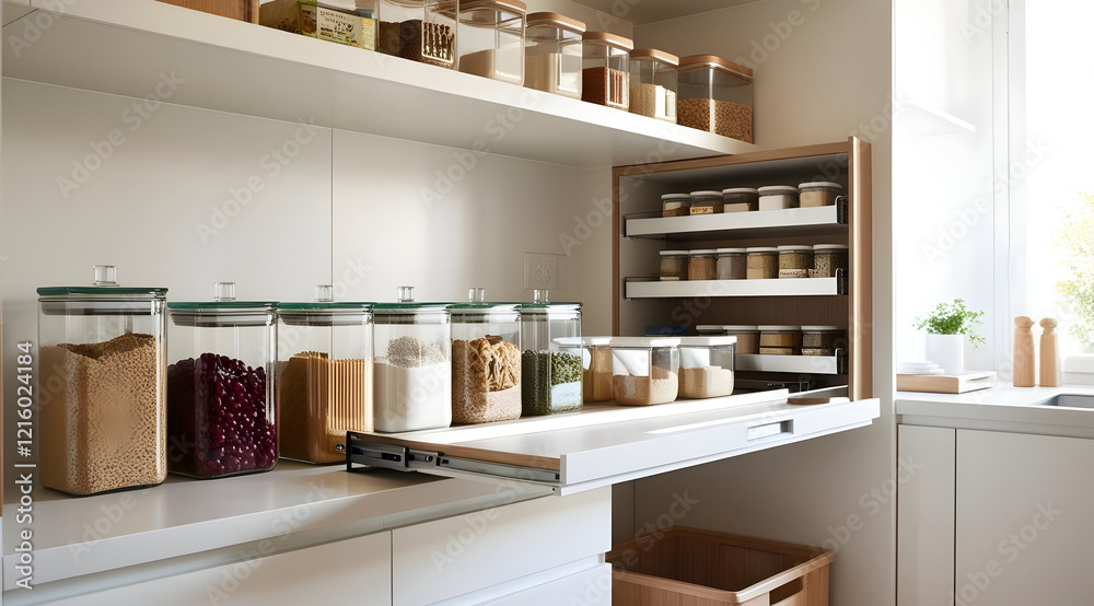 Fototapeta premium A modern kitchen pantry featuring organized jars of spices and grains, with a pull-out shelf for easy access and a clean aesthetic.