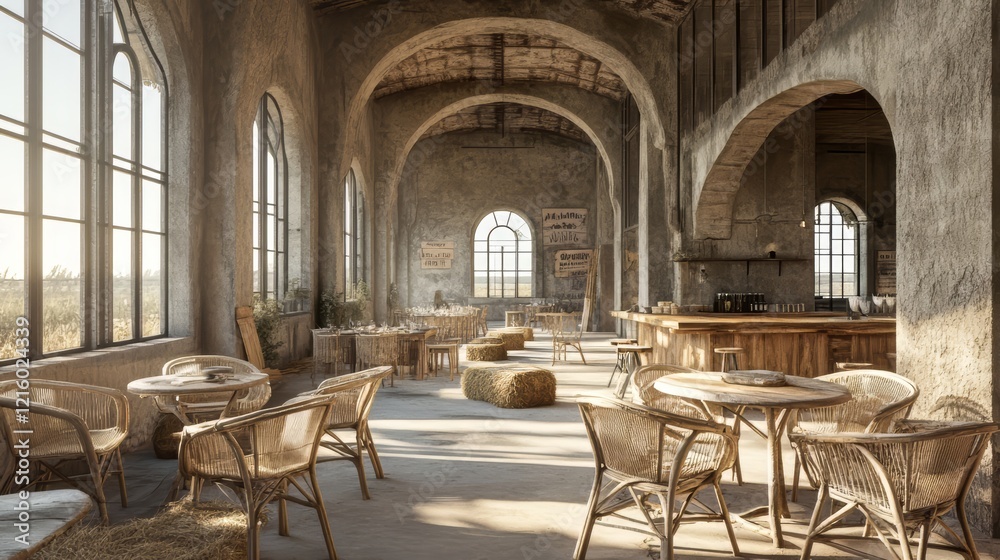 Naklejka premium Rustic barn wedding reception setup with natural light and woven chairs creating a warm inviting atmosphere