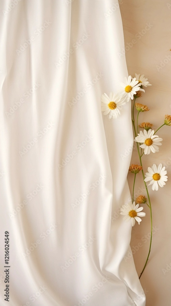 Blank paper sheet card with mockup copy space, chamomile flower buds and muslin cloth on neutral beige background 