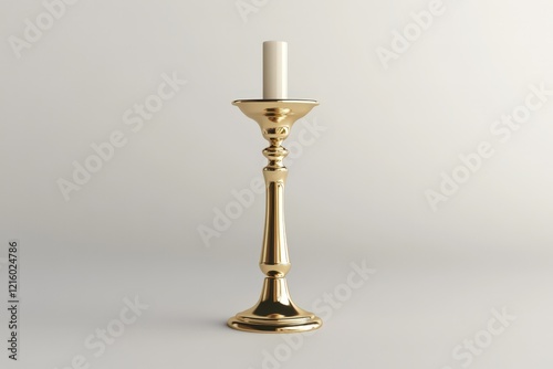 A tall golden candlestick holds a single white candle photo