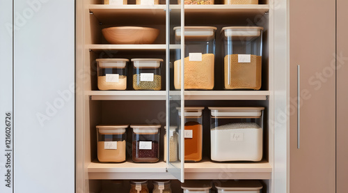 A modern pantry filled with organized jars containing various ingredients, showcasing a clean and minimalist design.