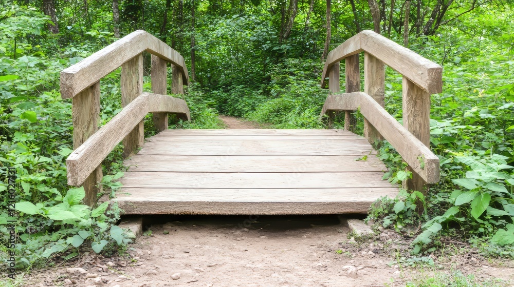 Wooden Footbridge Pathway in Lush Green Forest Wooden Footbridge Pathway in Lush Green Forest