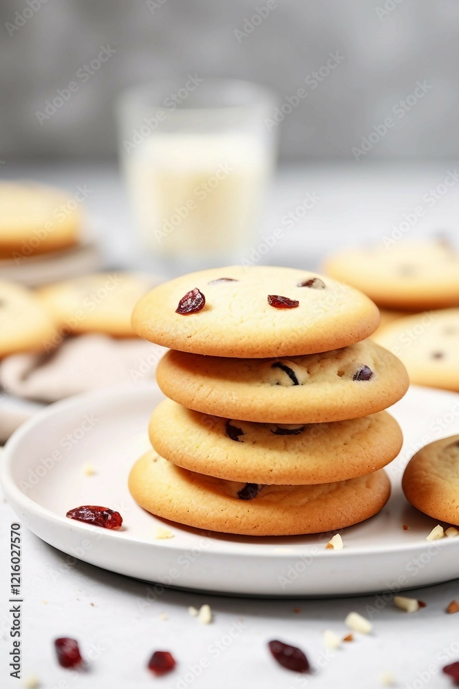 Closeup round cookies with white chocolate and cranberries on white plate, blurred background, space for text, side view Closeup round cookies with white chocolate and cranberries on white plate, blurred background, space for text, side view