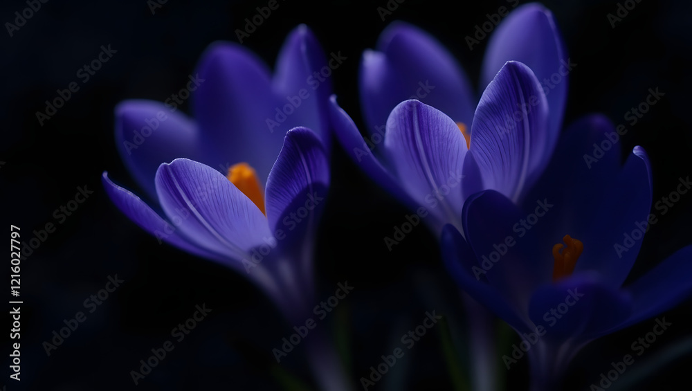 Fototapeta premium Delicate violet crocus flowers, glowing softly against a dark background, showcasing their rich purple hue and intricate petals, evoking serene beauty.