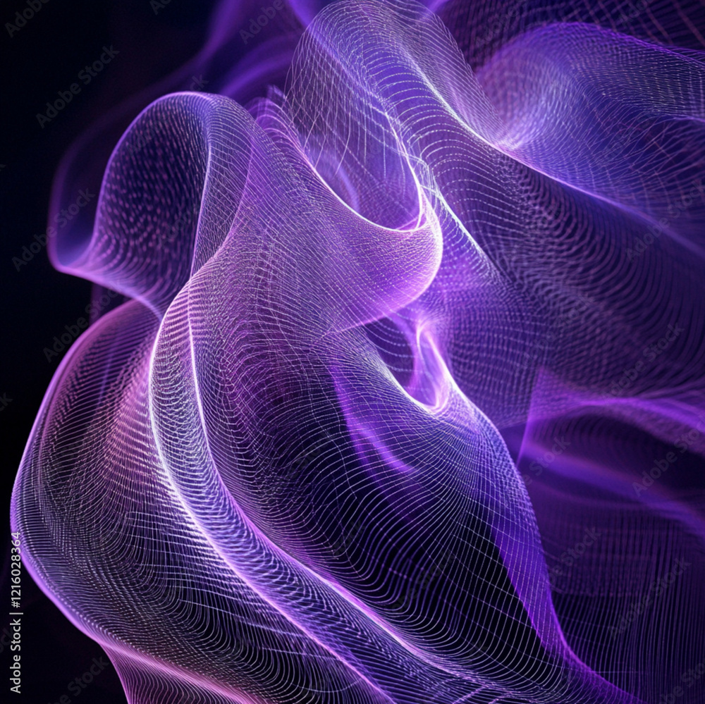 Fototapeta premium A background image that represents a mixture of hyper-futuristic and ancient, showing symetrical energy waves and strings. Main color is purple