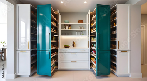 A modern pantry with stylish teal doors and organized shelves, showcasing a minimalist design and efficient storage solutions.