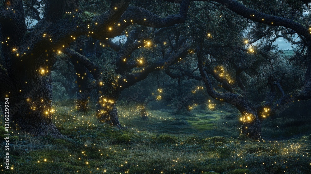Enchanted Forest Glowing With Fireflies At Night Enchanted Forest Glowing With Fireflies At Night