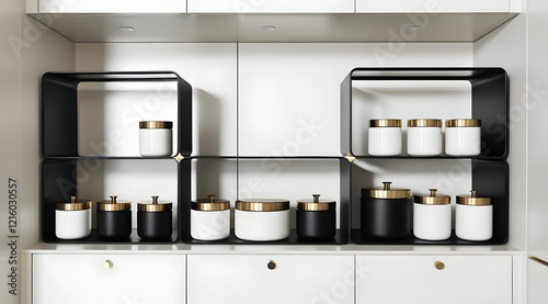 Modern shelving unit displaying a stylish arrangement of containers in black and white, featuring elegant gold lids.
