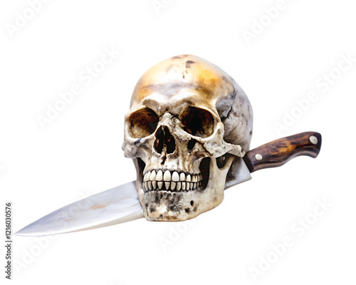 Skull Stabbed with vintage knife isolated on white background as transparent. PNG. AI GENERATED. photo