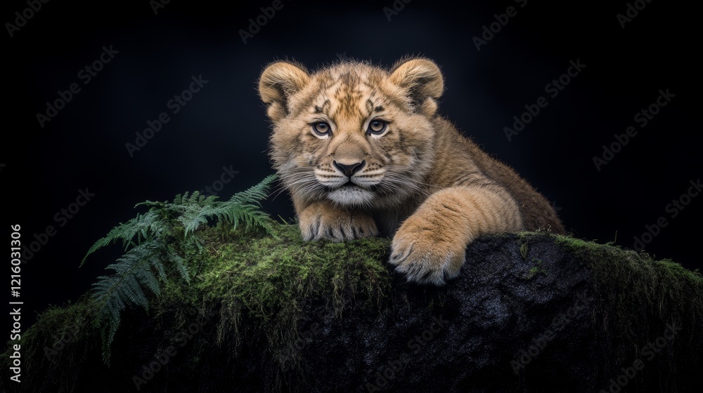 Obraz premium Young Lion Cub Resting on Mossy Rock at Night