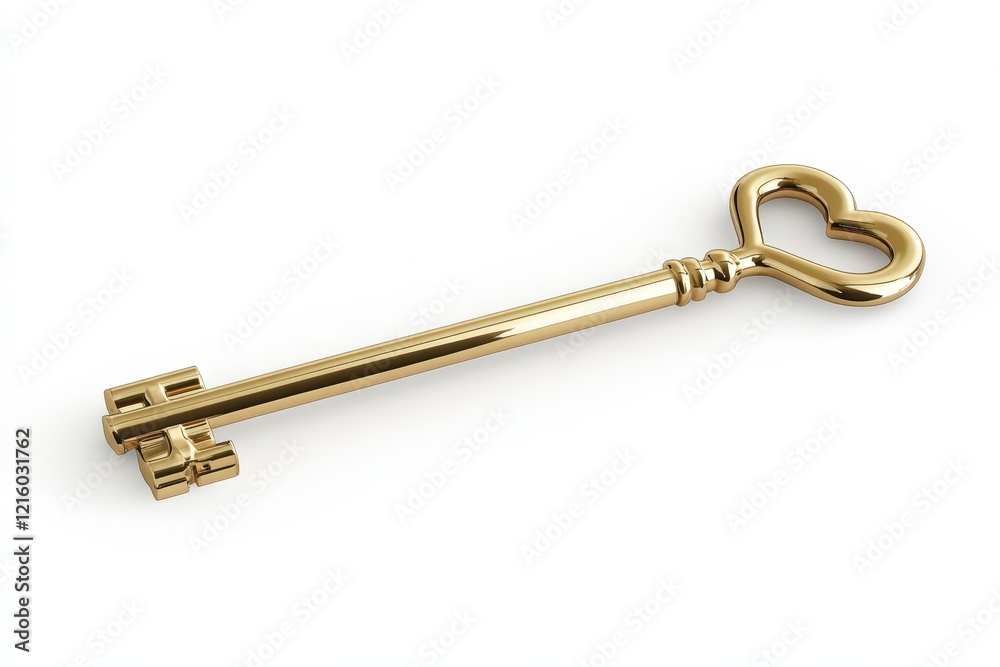 Golden Heart Shaped Key on White Background Golden Heart Shaped Key on White Background