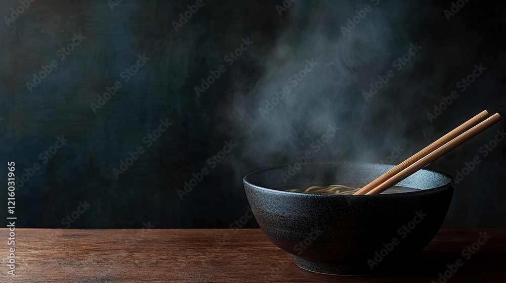 Steaming hot noodle soup in dark bowl with chopsticks on wooden table. Steaming hot noodle soup in dark bowl with chopsticks on wooden table.