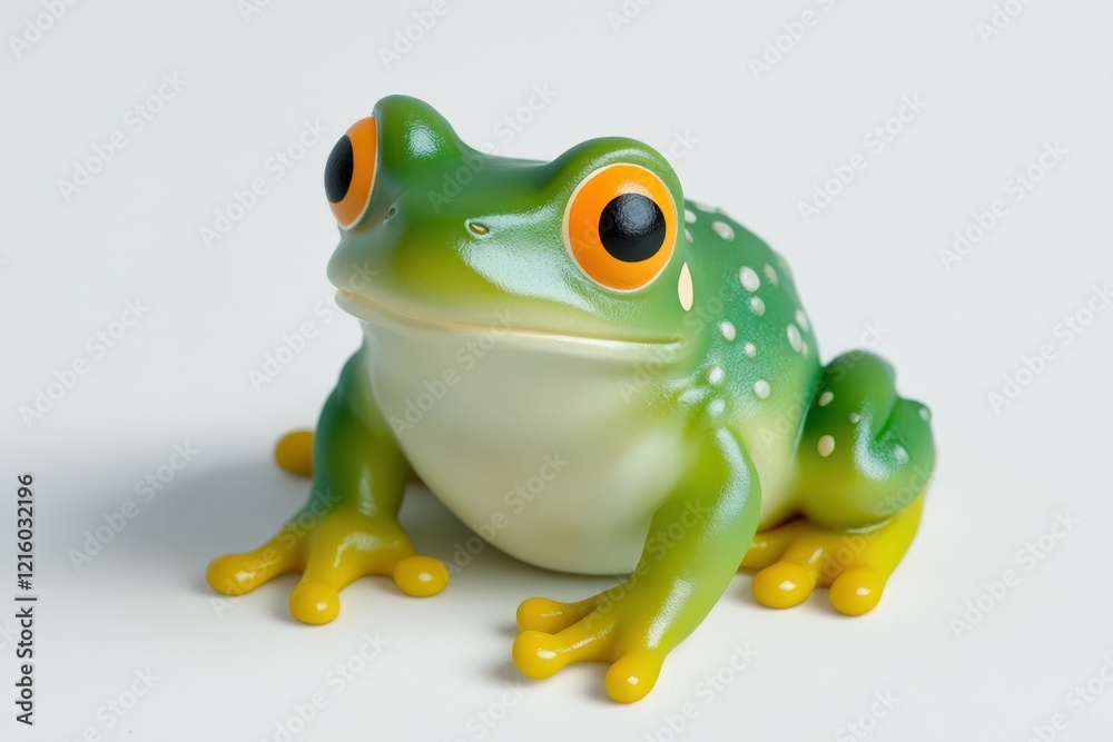 Obraz premium A Green Frog Figurine With Yellow Toes Sits On White