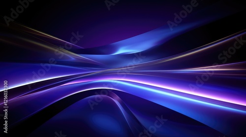 Abstract waves of blue and purple light create a dynamic, flowing visual effect.