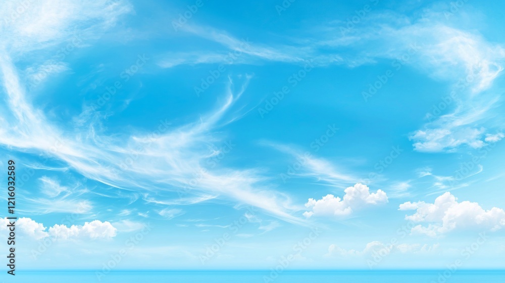 Serene blue sky with wispy clouds and calm ocean horizon. Serene blue sky with wispy clouds and calm ocean horizon.