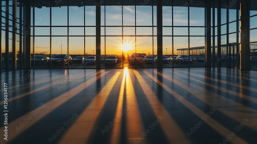 Fototapeta premium Empty car dealership lot at sunset, showcasing a serene and quiet atmosphere with no vehicles or customers, reflecting the end of a business day and the transition to evening calm
