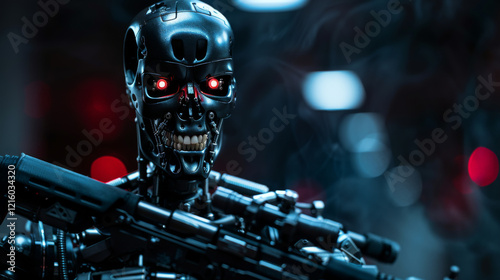 Futuristic cyborg soldier with glowing red eyes and advanced weapon ready for combat
